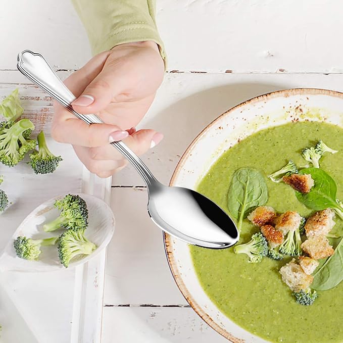 Dinner Spoons Set of 6, E-far 7.9 Inch Stainless Steel Soup Spoons Tablespoons for Home, Kitchen or Restaurant, Non-toxic & Mirror Polished, Scalloped Edge & Dishwasher Safe
