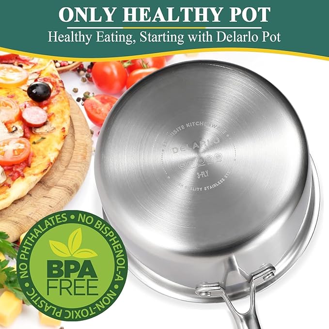 DELARLO Sauce Pan Sets, Compatible with All Cooktops 600℉, Full Clad Triply Stainless Steel Saucepan, 1QT Pot & 2 QT Pot with Steamer (Lids 300℉)