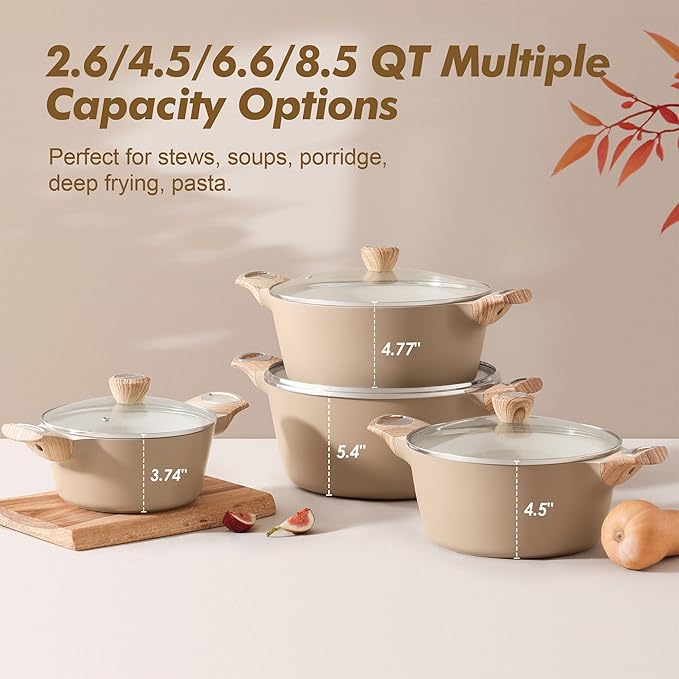 SENSARTE Ceramic Nonstick Stock Pot with Lid, 2.6/4.5/6.6/8.5 QT Soup Pot Casserole Pot, Non-toxic Healthy Pasta Pot, Large Cooking Pot Stew Pot, Induction Compatible, PFOA PFAS PTFE Free, Taupe