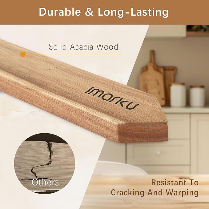 imarku Magnetic Knife Holder for Wall - 16 Inch Acacia Wood Magnetic Knife Strip with Powerful Magnet, Knife Magnetic Strip for Kitchen Utensil Organizer with 4 Hooks, Natural Acacia