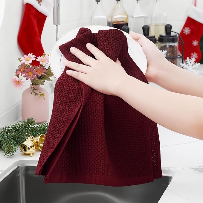 Homaxy 100% Cotton Waffle Weave Kitchen Dish Towels, Ultra Soft Absorbent Quick Drying Cleaning Towel, 13 x 28 Inches, 6-Pack, Burgundy
