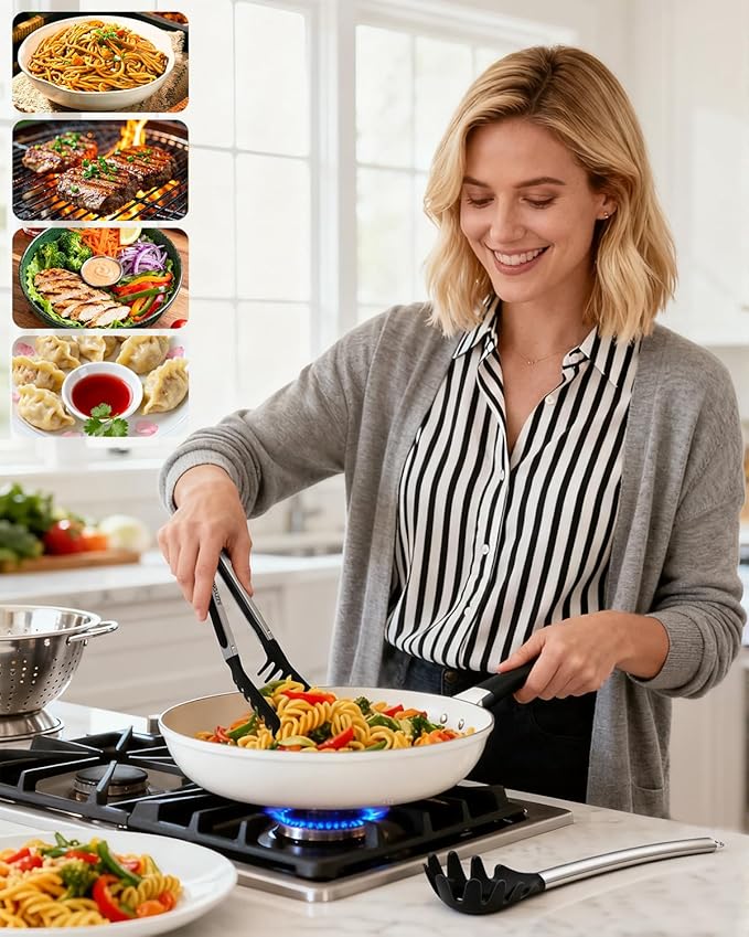 Spaghetti Spoon and Pasta Tong with Grip Teeth and Drain Holes, 2-Piece Non-Stick Silicone Head with Stainless Steel Handle, Heat Resistant Food Grade Utensils for Cooking, Serving, Salad and Noodles