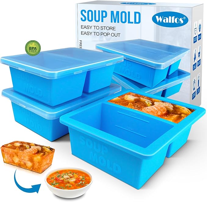 Walfos Silicone Soup Freezer Container, 1-Cup Soup Freezer Cube Tray with Lid Prevents Freezer Odo, 3 Pcs Soup Freezer Molds, Perfect For Storing and Freezing Soup, Broth, Sauce