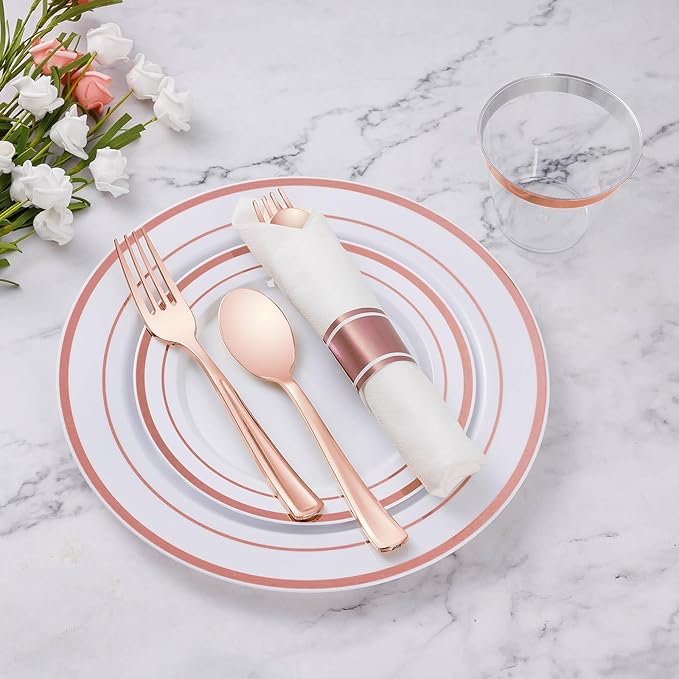 Goodluck 700 Piece Rose Gold Plastic Dinnerware Set for 100 Guests, Disposable Plates for Party, Include: 100 Dinner Plates, 100 Dessert Plates, 100 Pre Rolled Napkins with Silverware, 100 Cups