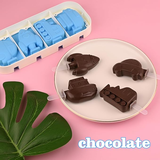 Sakolla 2 Pack Silicone Popsicle Molds with Sticks & Lid, 4-Cavity Mini Popsicle Molds for Kids - Cars, Ships, Train, Rocket and Dino Shapes (Green & Blue)