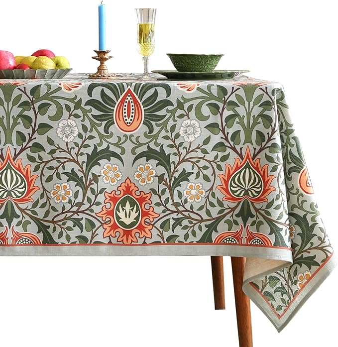 ISAENNE Designer Bohemian Linen Green Long Tablecloth Rectangle,Floral Indoor Table Cloth,Stain Resistant Decor Tablecloths for Dining Thanksgiving Kitchen Party Christmas,63"*102"-Naples