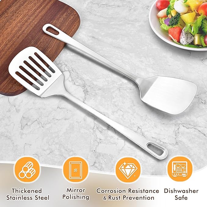 2 Pcs Stainless Steel Spatulas Set, Metal Spatula Solid & Slotted Turner, Heavy Duty Sturdy Spatula for Kitchen Use, High Heat Resistant Cooking Utensils for Fish Eggs Pancakes, Easy to Clean, Silver