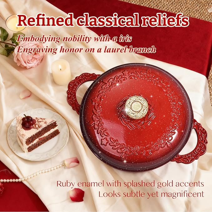 6 Quart Chip-resistant Enameled Cast Iron Dutch Oven Pot with Lid and Elegant Gold Hollow Knob With Handcrafted Inlaid Cubic Zirconia Detail, Safe For Bake,Stew, Braise, Boil, Deep Fry, Roast(Red)