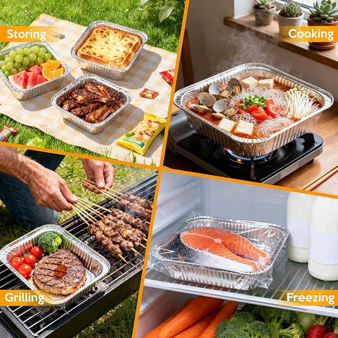 8"x8" Aluminum Foil Pans Disposable - 20 Pack Square Baking Pans Disposable Grill Accessories Meal Prep Containers Heavy Duty Tin Foil Pan for Baking Cake, Oven Cooking, Heating, Storing
