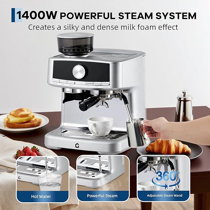 Garvee 20 Bar Pressure Stainless Steel Espresso Machine with Grinder, 1.5L Removable Water Tank, Milk Frother Steam Wand for Latte/Cappuccino - Adjustable Shot Volume, Professional Home/Office Use