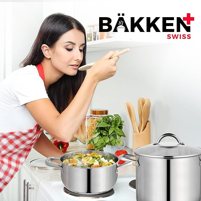 Stainless Steel Stockpot with Tempered Glass Lid 3 Quart, Durable 18/0 Stainless Steel, Impact-Bonded Base for Even Heating, Riveted Handles, Oven & All Stove Compatible, Safe Up To 500°F (260°C)