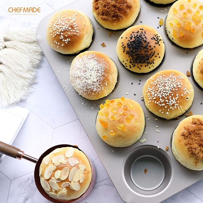 CHEFMADE Muffin Cake Pan, 12-Cavity Non-Stick Cupcake Pan Bakeware for Oven Baking (Champagne Gold)