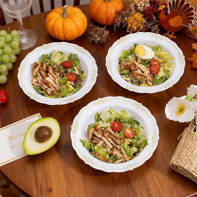 DaYammi 30 Pack Plastic Bowls with Gold Rim, 12oz Disposable Soup Bowls, Heavy Duty Dinner Bowls for Weddings, Parties, Dinners, Catering and Everyday Use