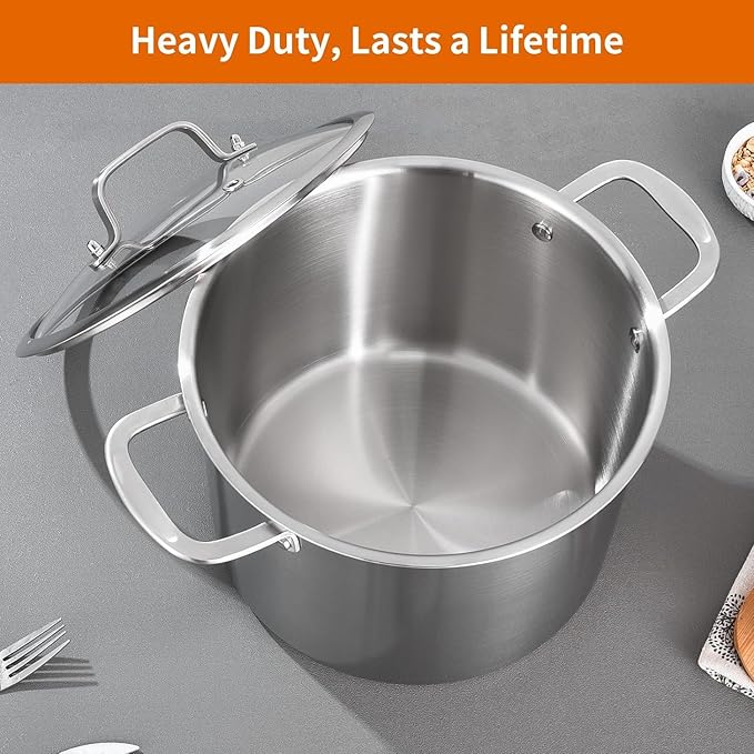 DELARLO Tri-ply Stainless Steel 20QT Stock Pot, Compatible with All Stoves Up to 600℉, 18/10 Induction Big Cooking Pot with Lid, Fast & Even Heating, Durable Large Soup Pot