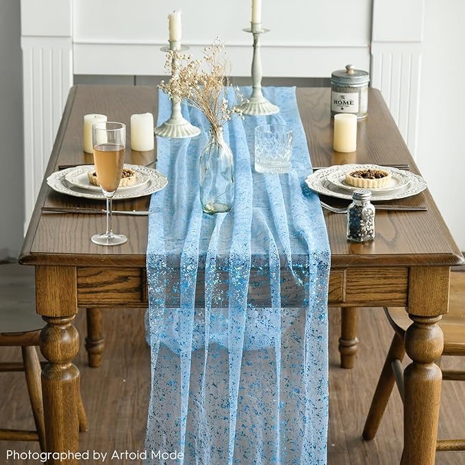 Artoid Mode 3PCS Light Blue Gauze Table Runner 120 Inch 10FT, Glitter Metallic Foil Sheer Dining Wedding Anniversary Holiday Table Decor for Home Party