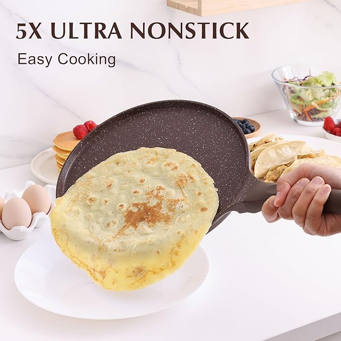 SENSARTE Nonstick Crepe Pan, Swiss Granite Coating Dosa Pan Pancake Flat Skillet Tawa Griddle 10-Inch with Stay-Cool Handle, Induction Compatible (Toffee Brown)