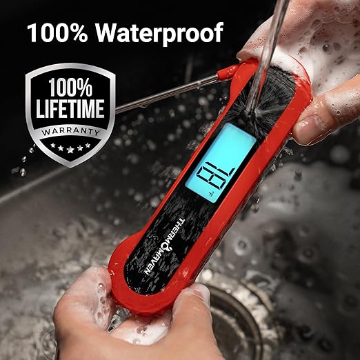 Professional 0.5 Sec Instant Read Meat Thermometer Digital, NIST Certified ±0.5℉ Accuracy, Auto Rotate Large LCD Display, 100% Waterproof Cooking Thermometer for Baking Grill BBQ Smoker Oven, Red