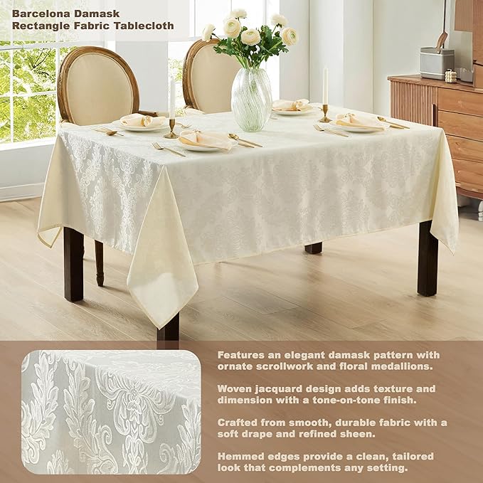 Newbridge Barcelona Luxury Damask Fabric Tablecloth, 60” Wide x 84” Rectangle, Antique White, 100% Polyester, No Iron, Soil Resistant Dining Room, Party and Banquet Table Cover