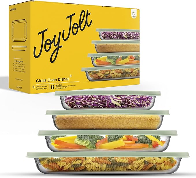 JoyJolt 8-Piece Borosilicate Glass Oven Dishes with Sage Green Lids, Rectangle Deep Glass Baking Dish Set, Baking Pans for Lasagna Casserole Cake, Bakeware Set, Freezer to Oven Tray to Dishwasher
