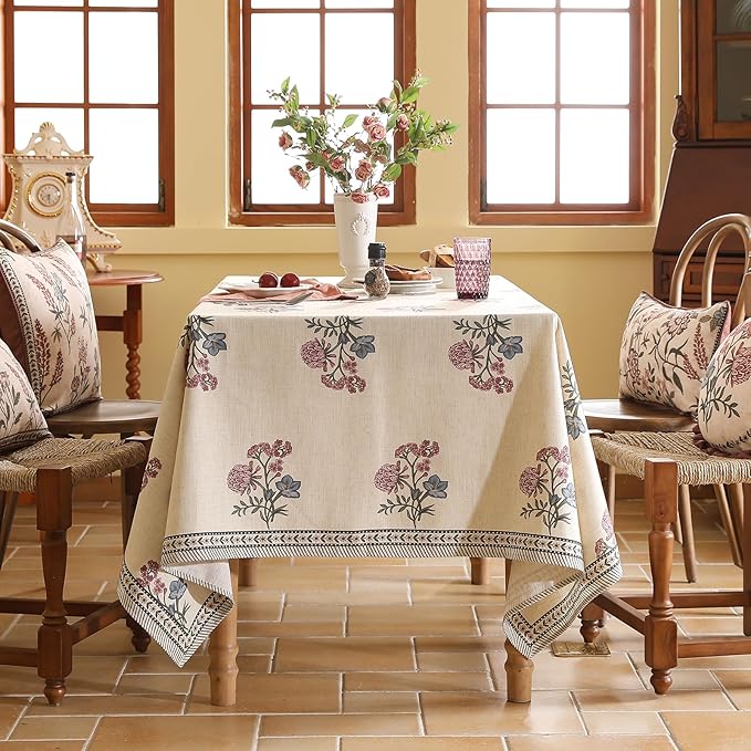 ISAENNE Designer Linen Light Beige Square Tablecloth,French Colorful Floral Table Cloth,Fall Stain Resistant Decor Tablecloths for Dining Thanksgiving Christmas Kitchen,67"*67"-Helena E
