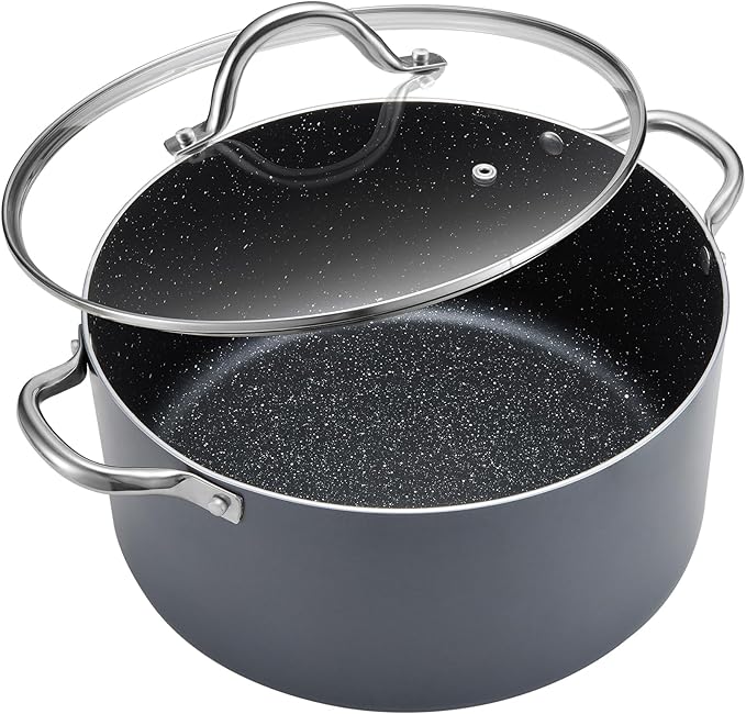 BEZIA 10 Quart Cooking Pot, Large Non Stick Induction Stock Pots with Lid, All Stove Compatible, 10 QT Aluminum Soup/Stew Pot For Large Families or Meal Prepping, Grey