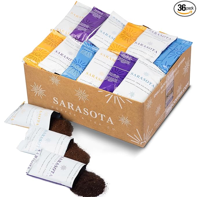 Sarasota Coffee Ground Packets | Gift Set Assorted Variety Sampler Packs | Medium, Colombian, & Dark Roast | Gourmet Low Acid Mold Free Individual Pouches for 12 Cup Coffee Maker | 2 Oz Bags, 36 Count