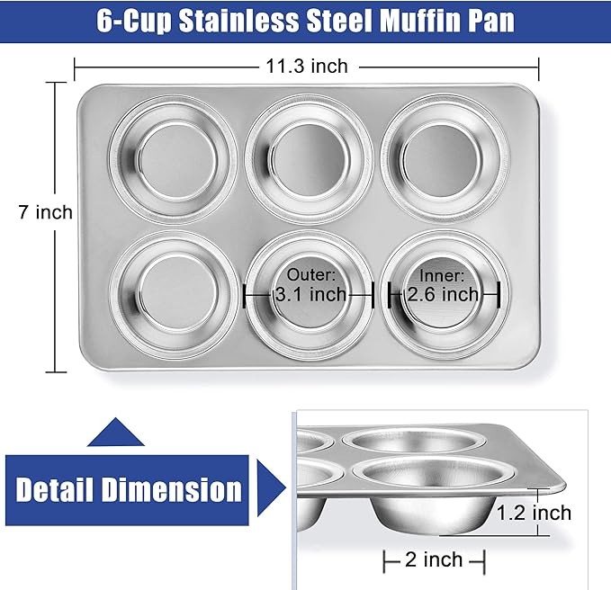 TeamFar Muffin Pan, 6 Cup Muffin Pan for Baking, Cupcake Pan Muffin Tin Tray Set Stainless Steel for Making Cakes Cornbread Quiche and More, Healthy & Durable, Oven & Dishwasher Safe