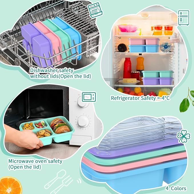 Bento Lunch Box - 4 Pack, Snack Box Containers Meal Prep Container Microwave Safe, Lunch Box of 4-Compartment, Bento Box Adult Lunch Box, Dishwasher Safety (PP(B/P/G/P))