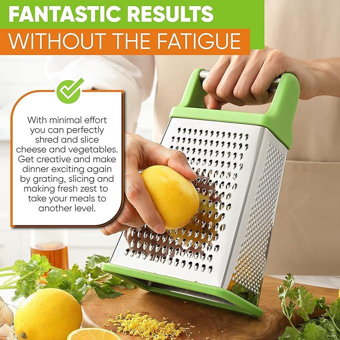 Spring Chef Green Professional Stainless Steel XL Parmesan Cheese Grater with Handle - 4 Sided Box Grater for Kitchen - Dishwasher Safe Food Shredder for Carrot, Potato, Vegetables, Ginger, Hash Brown