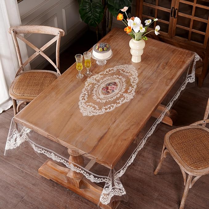 Waterproof Clear Table Cover Protector, Vinyl Rectangle Table Cloth with Lace Pattern Oil Spill Proof Wipe Clean Plastic Tablecloths for Dining Tables (French Lace, 55 x 84 Inches)
