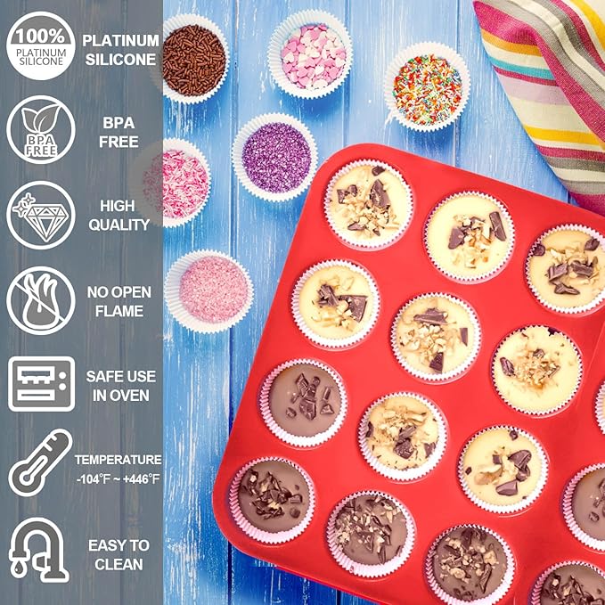 Anaeat Silicone Muffin Pan set- Mini 24 Cups Cupcake Tray, Non-Stick Silicone Baking Molds for Making Muffin Cakes, Cupcake, Chocolate, Bread,Tart and Desserts, Just Pop Out (2 Pack)