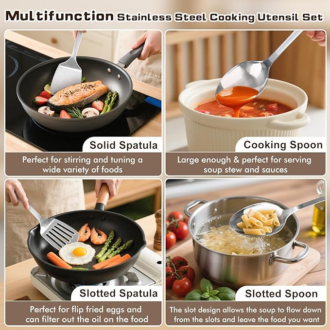 4 Pcs Cooking Utensils Set, Stainless Steel Kitchen Utensils, Heat Resistant Metal Kitchen Tools Include Solid & Slotted Turner Wok Spatula, Serving Spoon, Ergonomic Handle, Easy to Clean, Silver