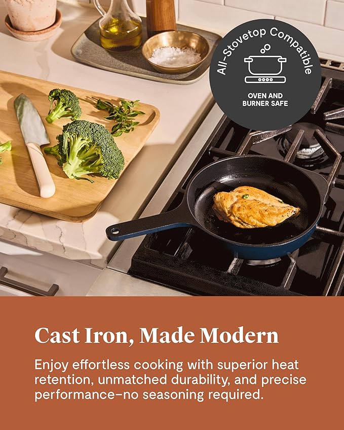 Caraway Cast Iron Skillet - 8” Enameled Cast Iron Pan With 3 Layer Enamel Coating - No Seasoning Required - Compatible With All Stovetops - Free From Forever Chemicals - Charcoal