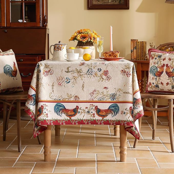 patdrea Designer Small French Rectangle Tablecloth,Red Vintage Linen Animals Pattern Breathable Tablecloths,Decor Floral Table Cover for Kitchen Dining Christmas,Thanksgiving,55"x71"-Townlife E