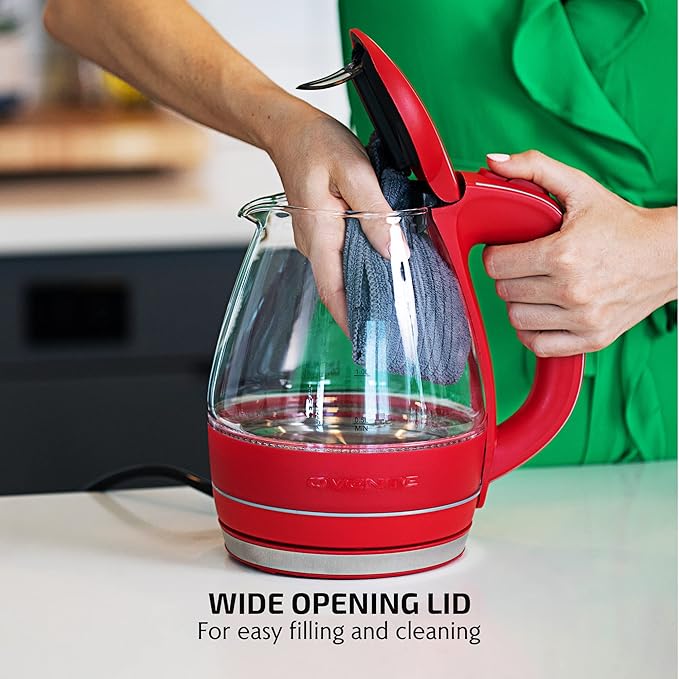 OVENTE Electric Kettle, 1.5L Borosilicate Glass Countertop Water Heater and Boiler for Coffee or Tea, BPA-Free, Auto Shut-Off, Boil-Dry Protection, Removable and Washable Spout Filter, Red KG83R