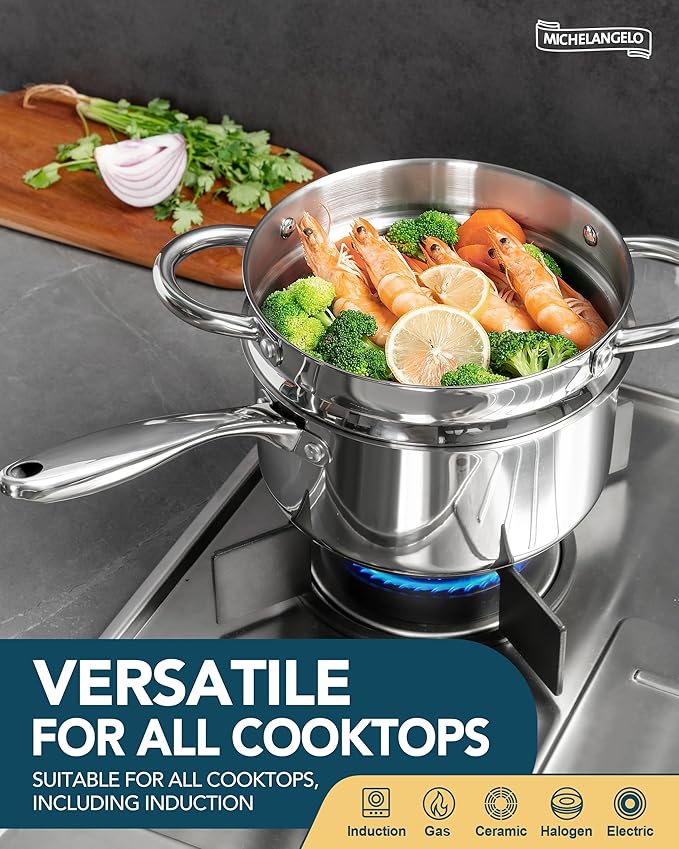 MICHELANGELO 1.5 Quart Saucepan with Steamer, Stainless Steel Saucepan with Lid, Triply Bottom Induction Compatible, Multipurpose Sauce Pot, Dishwasher Safe