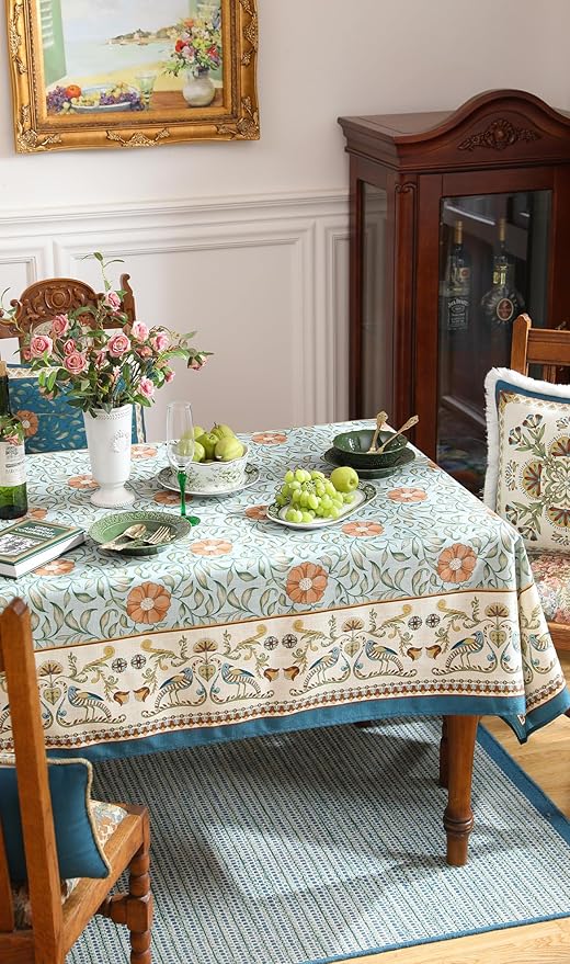 patdrea Designer French Linen Blue Tablecloth for Rectangle Table,Vintage Floral Table Cloth,Colorful Decoration Fall Cover Kitchen Dining for Thanksgiving,Tea Party,Christmas,63"x87"-Wensel