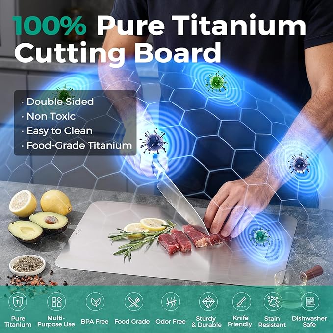 Katuchef Titanium Cutting Board - Upgraded 100% Pure Titanium Cutting Boards for Kitchen Non Toxic, Double-Grade Hygiene Durable Non Moldy Dishwasher Safe Meat Fruit Metal Board (1PC 11 * 15.5 Inch)