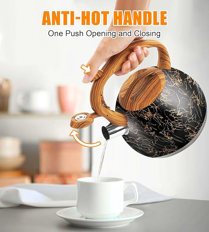 3.2Qt Whistling Tea Kettle for Stove Top, Food Grade Stainless Steel Wood Handle Teapot, Durable for Brewing Coffee, Tea, Milk, Suitable for All Heat Sources (Golden line)