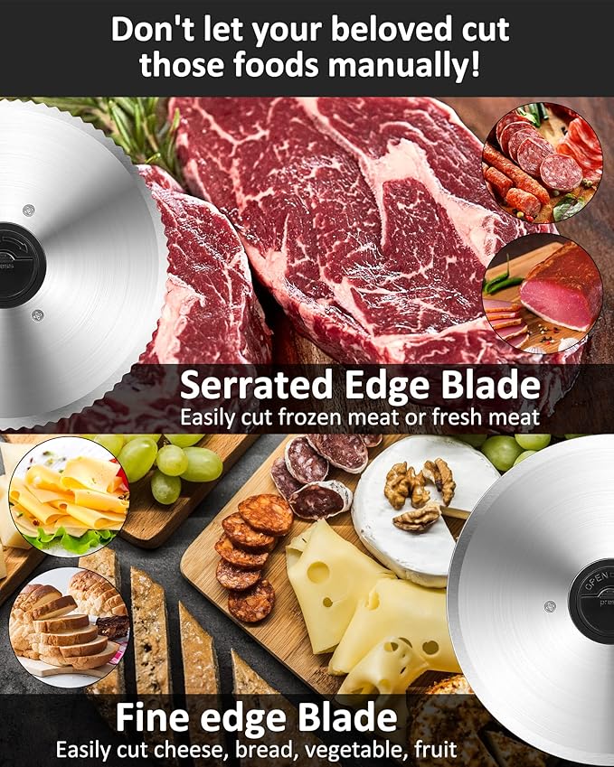 Meat Slicer, 200W Electric Deli Food Slicer with 2 Removable 7.5'' Stainless Steel Blades and Tray, Adjustable Thickness for home use,Child Lock Protection,Easy to Clean,Cuts Meat, Bread and Cheese