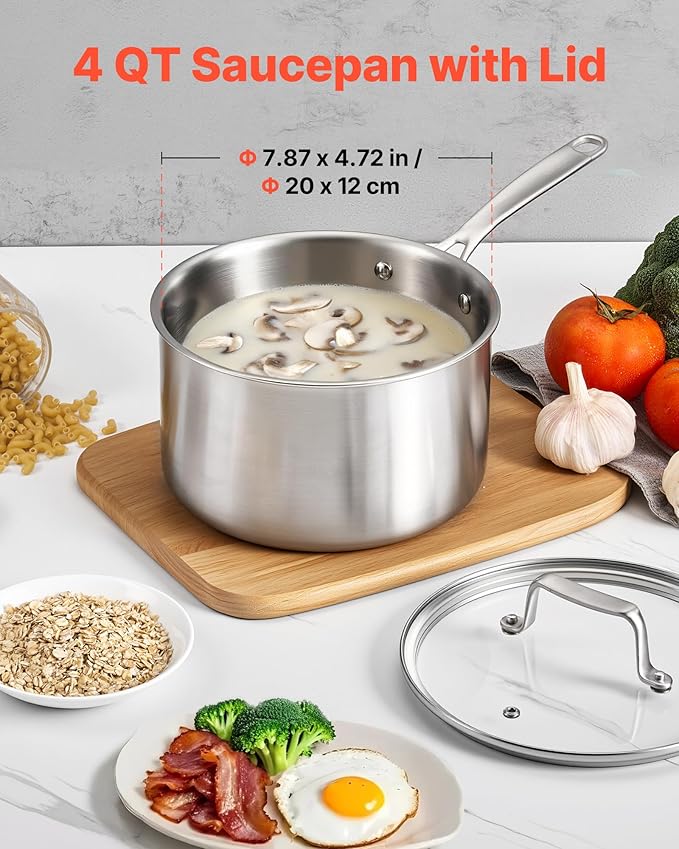 VEVOR 4 QT Saucepan, Stainless Steel Saucepan with Glass Lid, Multipurpose Nonstick Stainless Steel Small Cooking Sauce Pot with Ergonomic Handle, Friendly for Oven, Dishwasher, Induction Cooker