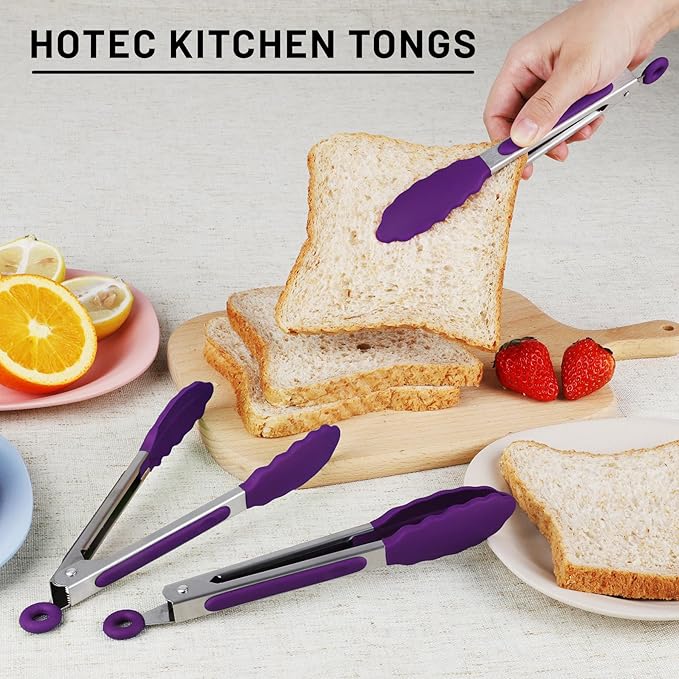 Hotec Mini Silicone Kitchen Tongs for Cooking - 7-Inch Small Serving Tongs with Silicone Tips, Set of 3 (Purple)