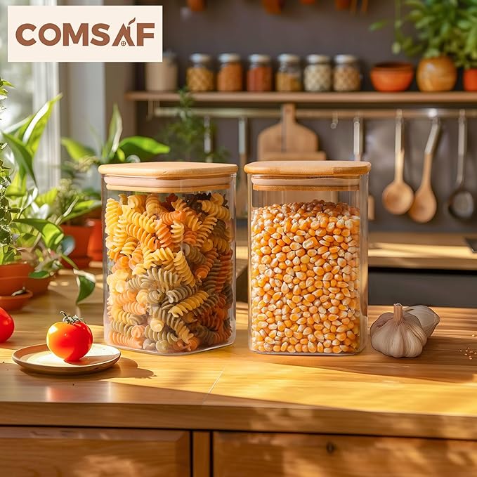 ComSaf 1.2 QT Glass Storage Containers with Lids, Glass Jars with Lids, Clear Food Jar, Square Canister Set of 6, Pantry Organizers and Storage for Cookie Flour Oat Pasta Tea Coffee Bean