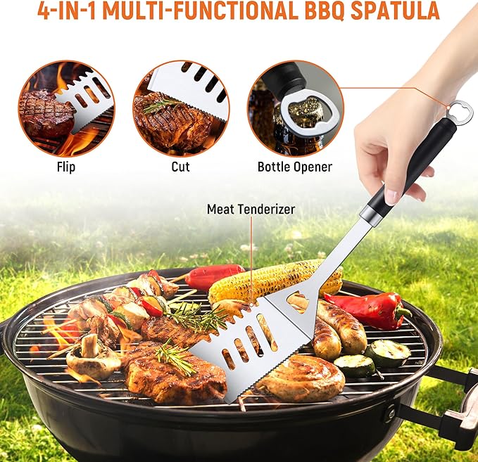 BBQ Accessories Grill Tools Set, Stainless Steel Grill Tools with 2 Squeeze Bottles, BBQ Grill Accessories Grilling Gift for Men & Women, Portable Grill Tools Utensils Kit for Camping, Kitchen