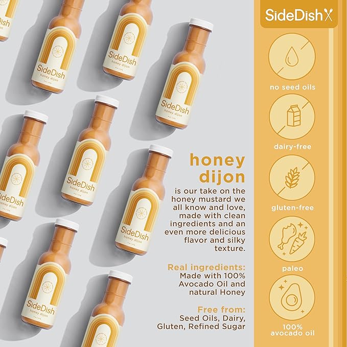 SideDish Honey Dijon Dressing (Pack of 3) – Seed Oil Free Made w/Avocado Oil – Refined Sugar Free, Dairy & Gluten Free Dip & Marinade – Paleo Honey Mustard Dressing for Dips, Sauces