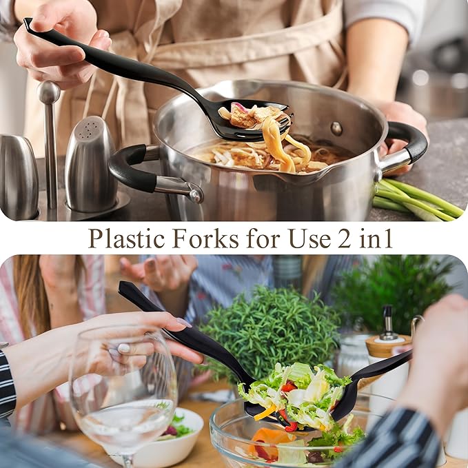 36Pcs Plastic Serving Utensils Set 9'' Large Disposable Serving Spoons Forks Tongs for Serving Food Heavy Duty Black Large Party Utensils Supplies for Buffet Restaurant Dinner Salad Noodles Soup
