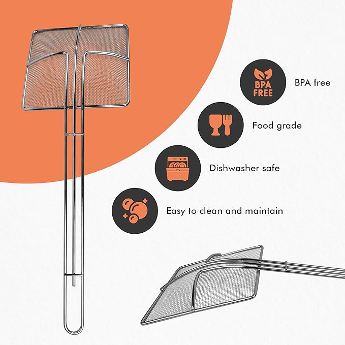 Wire Mesh Strainer with Long Handle | 2-Pack | 6.5" Square Frying Spoon | Cooking Oil Strainer for Deep Fryer & Professional Restaurant Use | Commercial Grease Skimmer