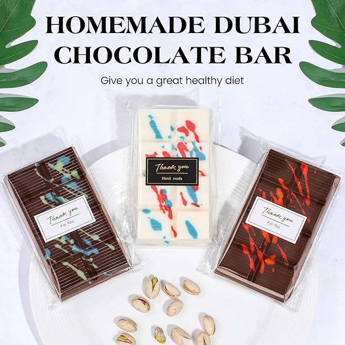 1 Pc Chocolate Bar Mold Deep Dubai 0.85 Inch Stuffed Large Chocolate Molds Silicone Break Apart Thick Silicone Molds for Candy Bar, With 100 Pcs Wrappers and 1 Pc Scrapers Set (8 Snap）
