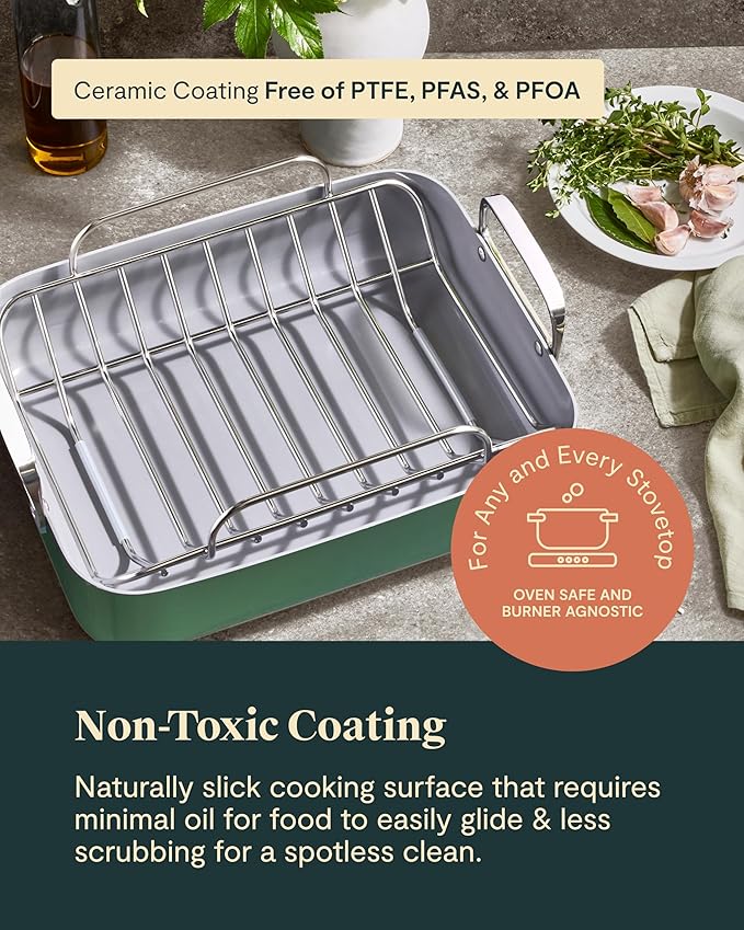 Caraway Roasting Pan - 16x13” Roasting Pan with Rack - Non-Stick Ceramic Coated - Non Toxic, PTFE & PFOA Free - Oven Safe & Compatible with All Stovetops - Perracotta