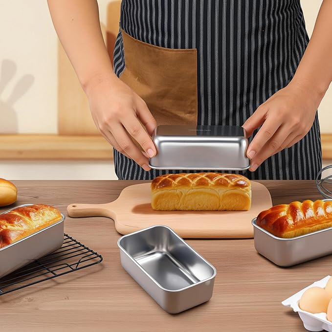 LIANYU 4 Pack Mini Loaf Pan for Baking Bread, 6.3 x 3.5 Inch Stainless Steel Small Bread Loaf Pan for Homemade Meatloaf, Tin Loaf Baking Pan Perfect for Banana Sourdough Sandwich, Dishwasher Safe